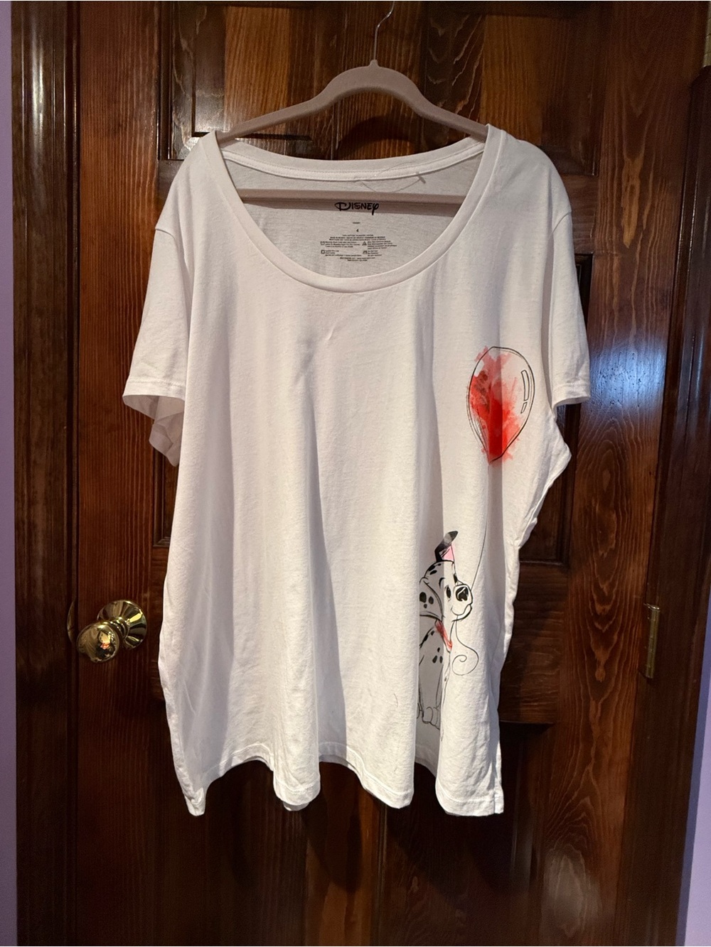 Disney Women’s White Short-Sleeve Tee with 101 Dalmatian pup Red Balloon Graphic
